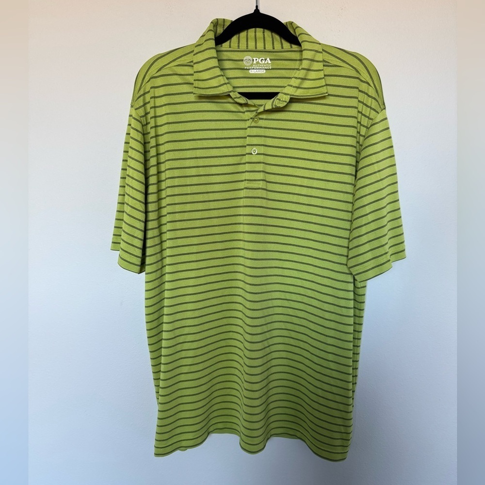 PGA Tour Lime Green + Black Striped Polo Golf Performance Shirt Size XL